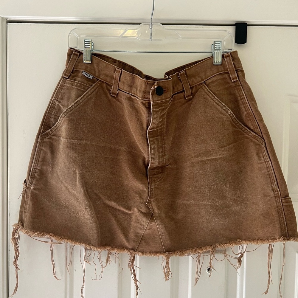Brown Frayed Hem Denim Skirt